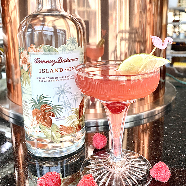 2oz Tommy Bahama Island Gin
4-5 Fresh Raspberries
1/2 oz Simple Syrup
3/4 oz Fresh Lime Juice

Muddle the Raspberries and Simple Syrup in a Cocktail Shaker, add the Gin and Lime Juice, Fill the shaker with ice, shake like crazy, and strain into a martini glass… Garnish with a raspberry and lime slice… and Sip the Island Life!